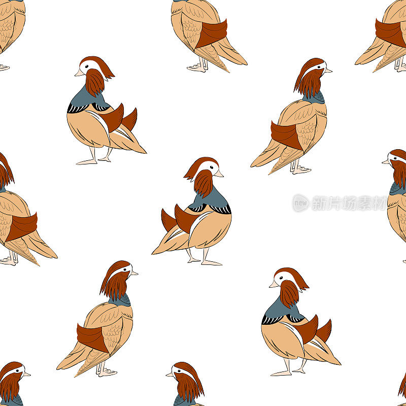 Vector illustration seamless pattern with ducks in ukiyo style, mandarin ducks isolated on white background, can be used for background, in textile, packaging design, banner or card.